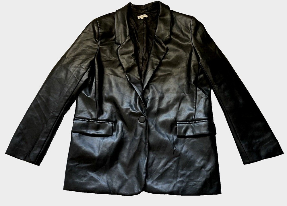 Aaron & Amber Womens Vegan Leather Blazer Large Black Office 70's Sports Coat